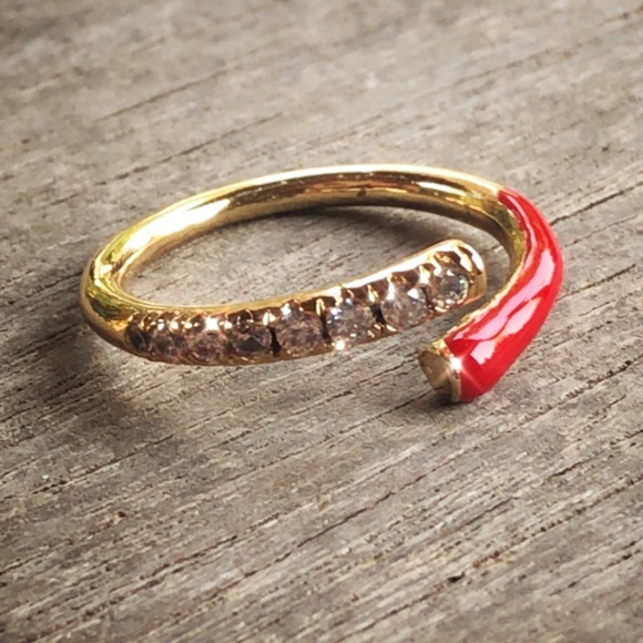 YG Plated Red Enamel CZ Adjustable Ring - Picture 6 of 8